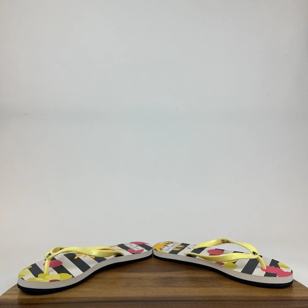 New Womens Kate Spade Black White Striped Flowers Thong Flip Flops Sandals‎ Sz 8